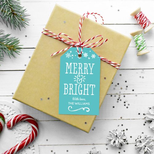 Merry and Bright Personalized Teal Blue Holiday Gift Tags