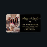 Merry and Bright Photo Christmas Return Address Label<br><div class="desc">Elegant,  Modern Black and Gold Hand Lettered Merry and Bright Family Photo Return Address Labels. Featuring a pretty hand-written calligraphy swash-tail font script with saying "Merry and Bright",  a little love heart motif. Great for Christmas holiday season,  easy to personalize them with your names and return address info.</div>