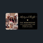 Merry and Bright Photo Christmas Return Address Label<br><div class="desc">Elegant,  Modern Black and Gold Hand Lettered Merry and Bright Family Photo Return Address Labels. Featuring a pretty hand-written calligraphy swash-tail font script with saying "Merry and Bright",  a little love heart motif. Great for Christmas holiday season,  easy to personalize them with your names and return address info.</div>