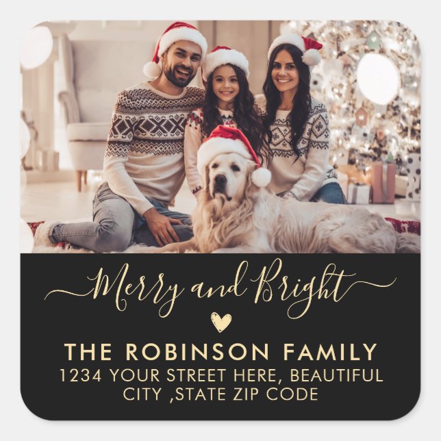 Merry and Bright Photo Christmas Return Address Square Sticker (Front)