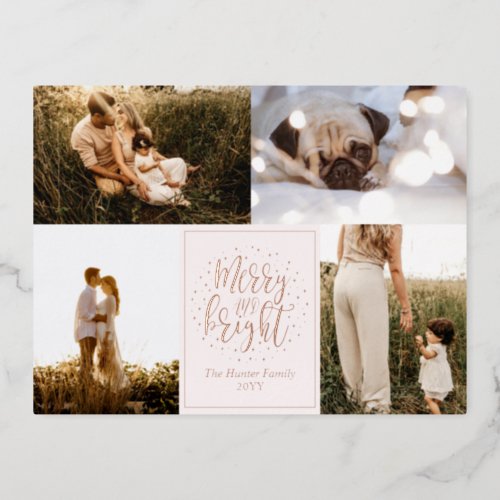 Merry and Bright Photo Christmas Rose Gold Foil Holiday Postcard