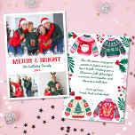 Merry and Bright Photo Collage Christmas Sweater  Holiday Card<br><div class="desc">This design features a 3 Photo Collage for you to add your own photos, the text reads 'Merry and Bright' you can add your family name and the year. On the back is an ugly sweater border with holly, berries, greenery and snowflakes, in the middle of the border there is...</div>