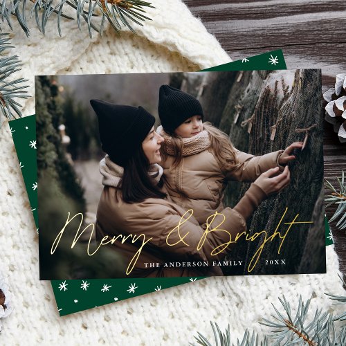 Merry and Bright Photo Green and Gold Foil Holiday Card