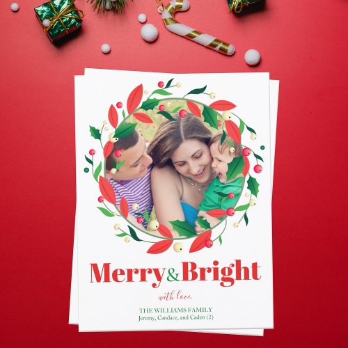 Merry and Bright Photo Holly Wreath Cute Christmas Postcard