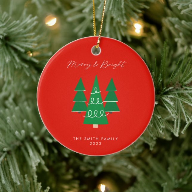 Merry and Bright Photo Modern Red Circle Ornament (Tree)