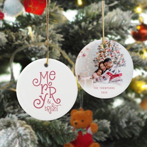 Merry and Bright Photo Name Rose Gold Christmas Ceramic Ornament