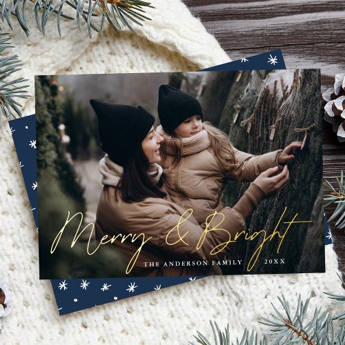 Merry and Bright Photo Navy and Gold Foil Holiday Card