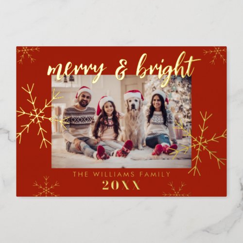 Merry and Bright Photo Red Snowflakes Christmas Foil Holiday Card