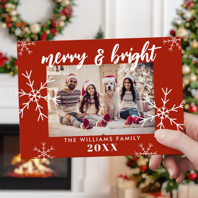 Merry and Bright Photo Red Snowflakes Christmas Holiday Card (Creator Uploaded)