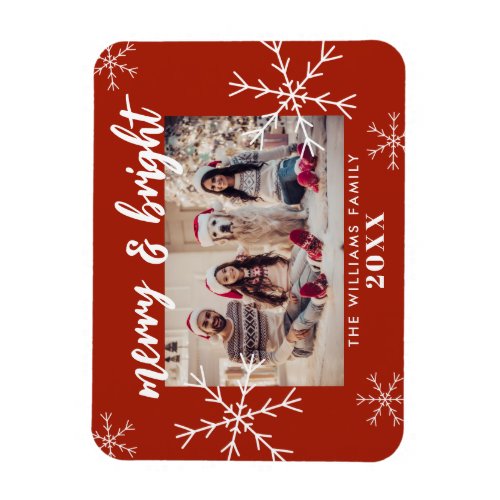 Merry and Bright Photo Red Snowflakes Christmas Magnet