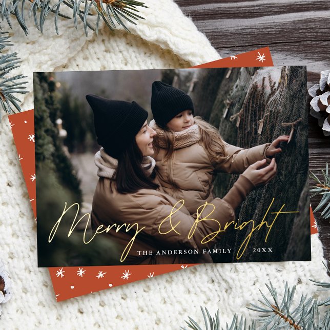 Merry and Bright Photo Rust Orange and Gold Foil Holiday Card (Creator Uploaded)