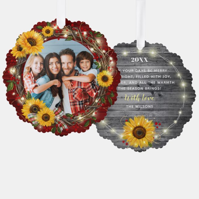 Merry and Bright Photo Rustic Sunflower Christmas Ornament Card (Front/Back)