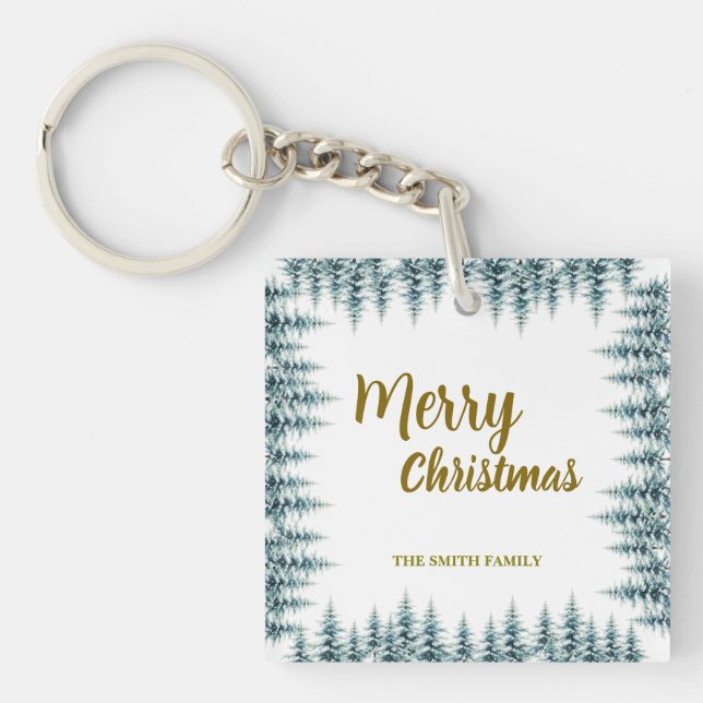 Merry and Bright pine tree forest Christmas Keychain (Front)