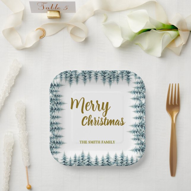 Merry and Bright pine tree forest Christmas Paper Plates (Wedding)