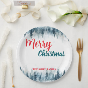Merry and Bright pine tree forest Christmas Paper Plates