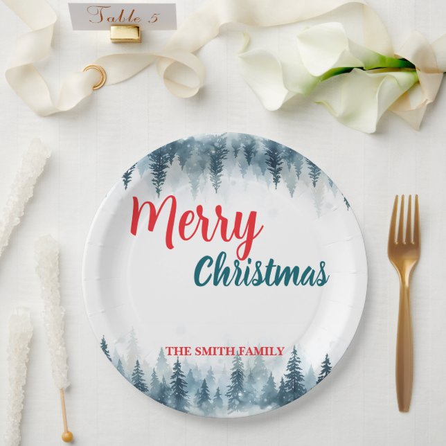 Merry and Bright pine tree forest Christmas Paper Plates (Wedding)