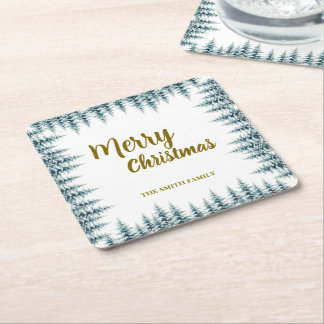 Merry and Bright pine tree forest Christmas Square Paper Coaster