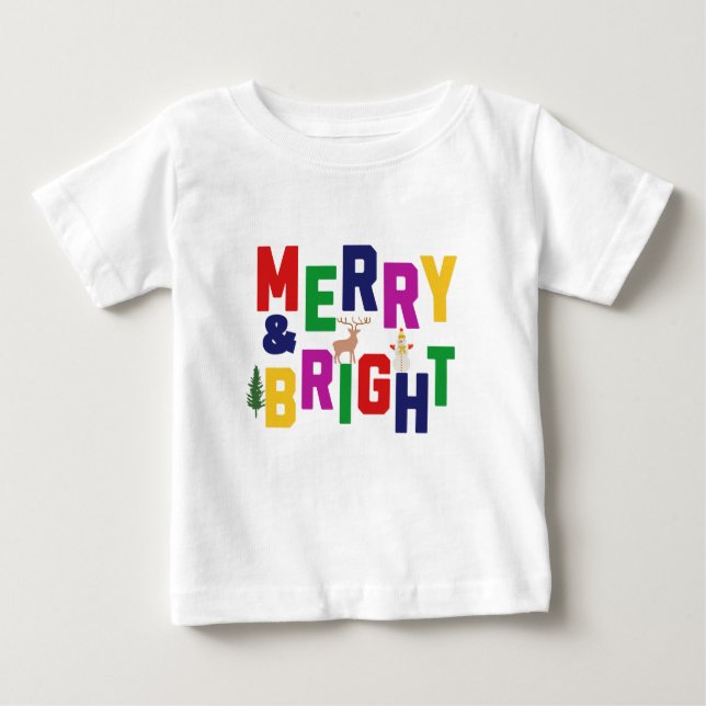 Merry and Bright Pine Tree Reindeer Snowman  Baby T-Shirt (Front)