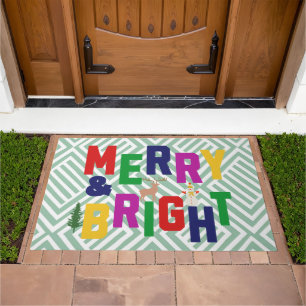 Merry and Bright Pine Tree Reindeer Snowman Doormat