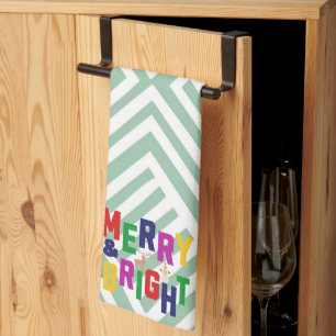 Merry and Bright Pine Tree Reindeer Snowman Kitchen Towel