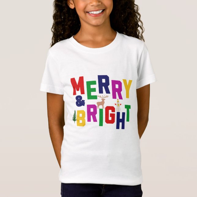 Merry and Bright Pine Tree Reindeer Snowman  T-Shirt (Front)
