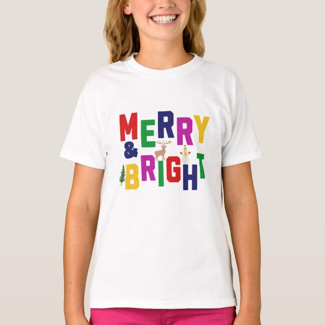 Merry and Bright Pine Tree Reindeer Snowman  T-Shirt (Front)