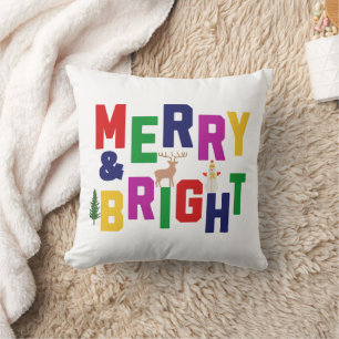Merry and Bright Pine Tree Reindeer Snowman Throw Pillow