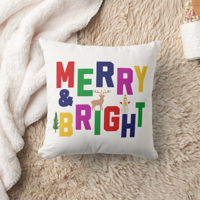 Merry and Bright Pine Tree Reindeer Snowman  Throw Pillow (Blanket)
