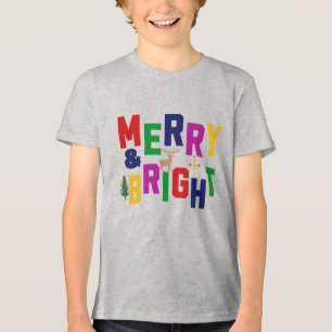 Merry and Bright Pine Tree Reindeer Snowman Tri-Blend Shirt