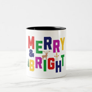 Merry and Bright Pine Tree Reindeer Snowman Two-Tone Coffee Mug
