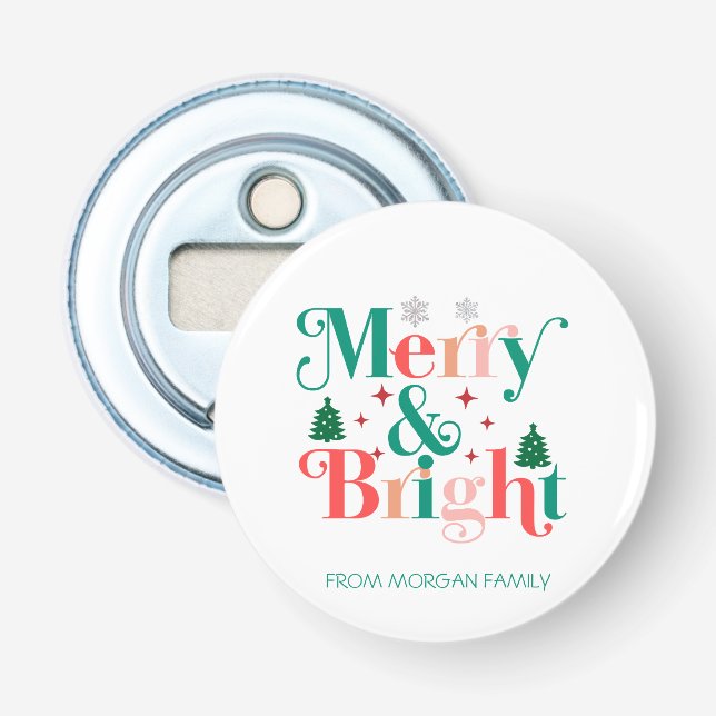 Merry And Bright Pine Tree Snowflakes Bottle Opener (Front)