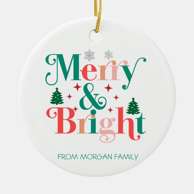 Merry And Bright Pine Tree Snowflakes Ceramic Ornament (Front)