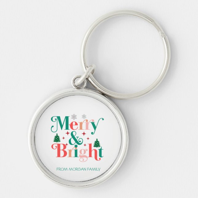 Merry And Bright Pine Tree Snowflakes Keychain (Front)
