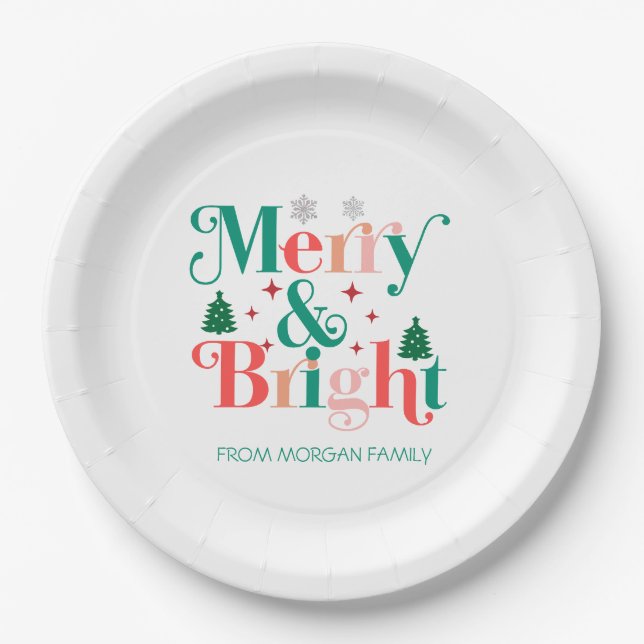 Merry And Bright Pine Tree Snowflakes Paper Plates (Front)