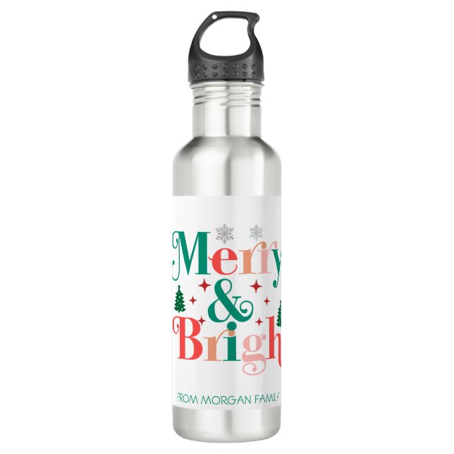 Merry And Bright Pine Tree Snowflakes Stainless Steel Water Bottle (Front)