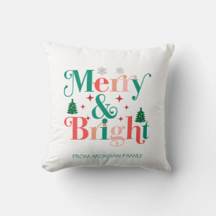 Merry And Bright Pine Tree Snowflakes Throw Pillow