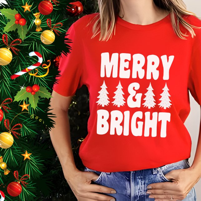 Merry and Bright Pine Trees Red Women's Christmas T-Shirt (Creator Uploaded)