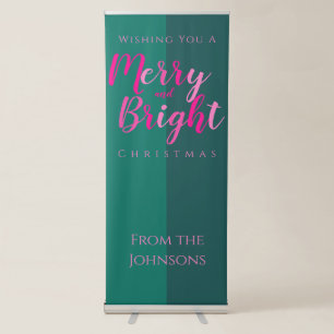 Merry and Bright Pink and Green Christmas Party Retractable Banner