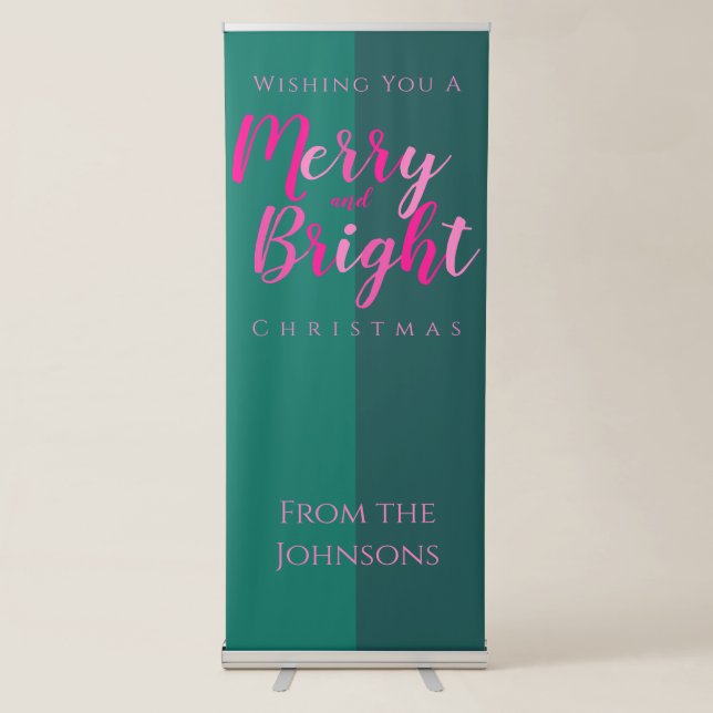 Merry and Bright Pink and Green Christmas Party Retractable Banner (Front)