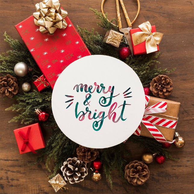 Merry and bright - pink and green classic round sticker (Creator Uploaded)