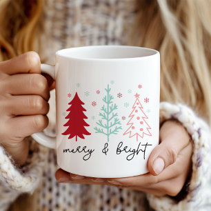 "Merry and Bright" Pink and Mint Christmas Trees Coffee Mug