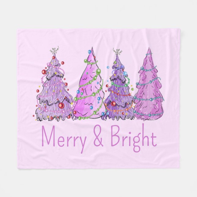 Merry And Bright Pink And Purple Christmas Trees Fleece Blanket (Front (Horizontal))