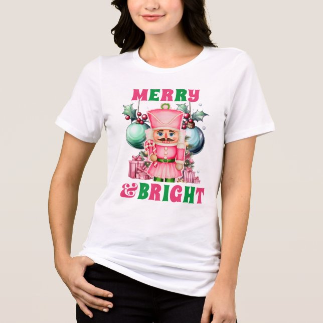 Merry and Bright Pink Christmas Nutcracker Tri-Blend Shirt (Front)