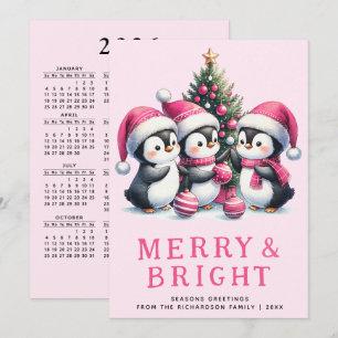 Merry and Bright Pink Christmas Penguin Holiday Card