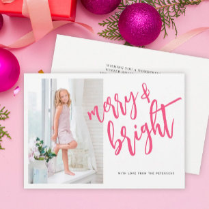 Merry and Bright pink Christmas photo Holiday Card