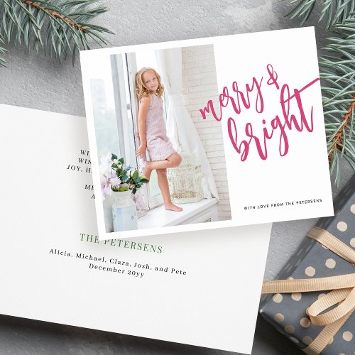 Merry and Bright pink Christmas photo holiday card