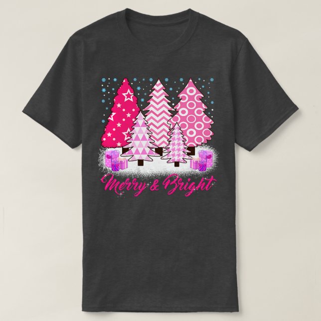 Merry and Bright Pink Christmas Tree, Pink Christm T-Shirt (Design Front)