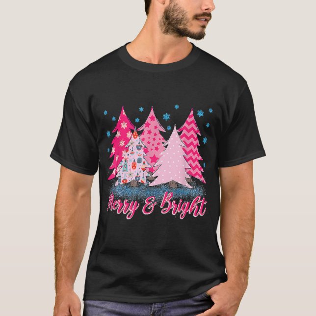 Merry and Bright Pink Christmas Tree Pink T-Shirt (Front)