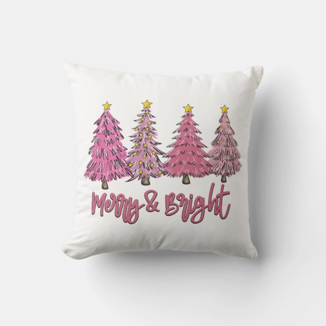 Merry and Bright Pink Christmas Tree Throw Pillow (Front)