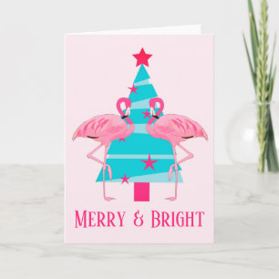Merry and Bright Pink Flamingos Beach Christmas Holiday Card